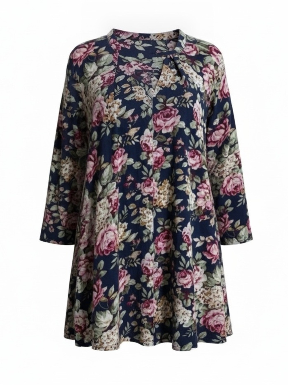 Altar'd State Navy Floral Swing Blouse with Pink Roses